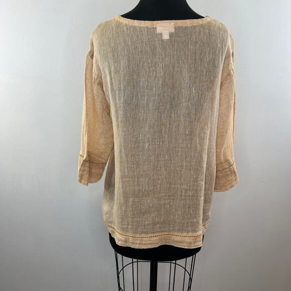 J. Jill Pure Jill Linen Tan Open-Knit 3/4 Sleeve Round Neck Top Lightweight M - Picture 5 of 7
